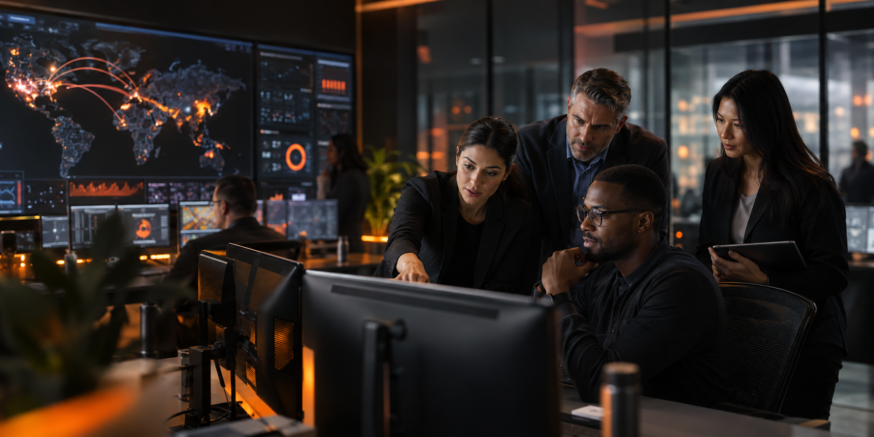 Cybersecurity consultants collaborating in a security operations center