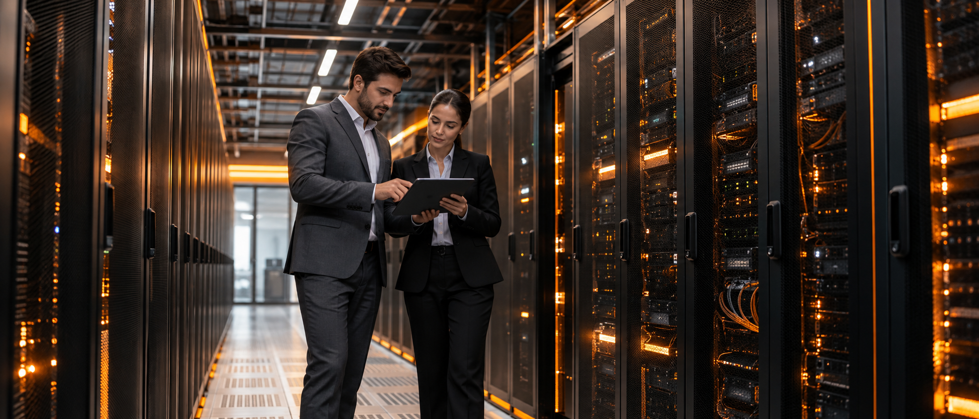 Technology consultants inspecting systems in a modern data center